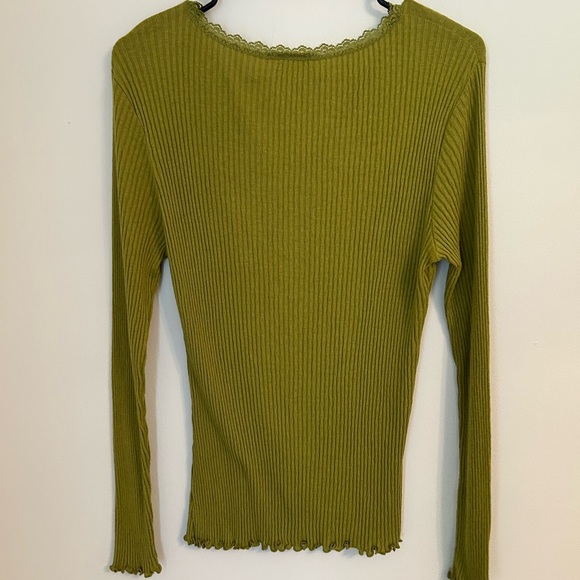 Talbots‎ Knit Top Sz L Green Lace Trim V Neck Ruched Pima Cotton Modal Fitted - Picture 6 of 7